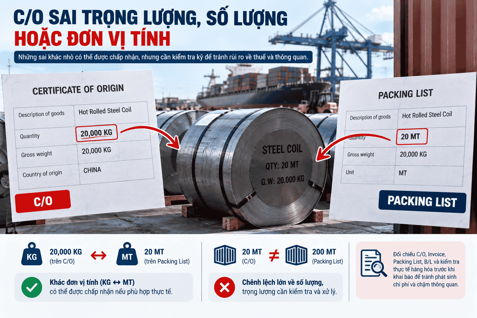 C/O sai trọng lượng, số lượng hoặc đơn vị tính