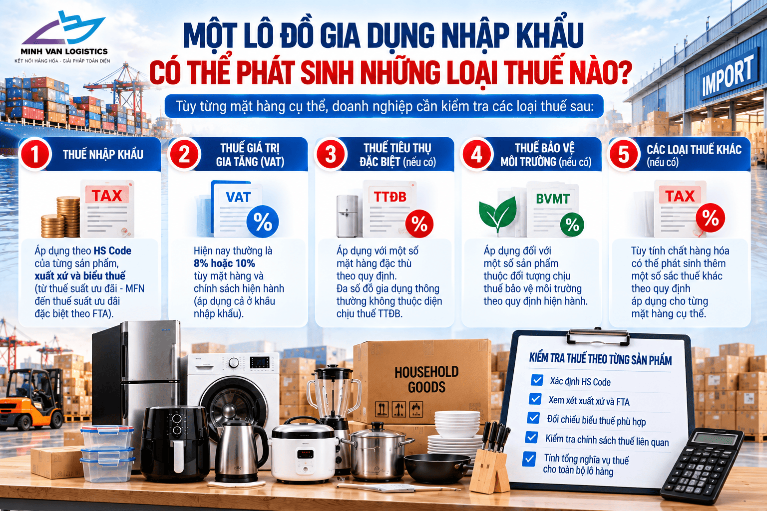 Một lô đồ gia dụng nhập khẩu có thể phát sinh những loại thuế nào?