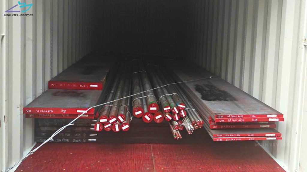 Steel bars loaded inside a shipping container for transportation