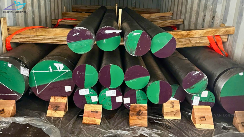 Steel bars loaded in a shipping container for logistics transportation