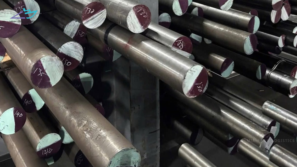 Steel round bars stored at a logistics warehouse in Vietnam