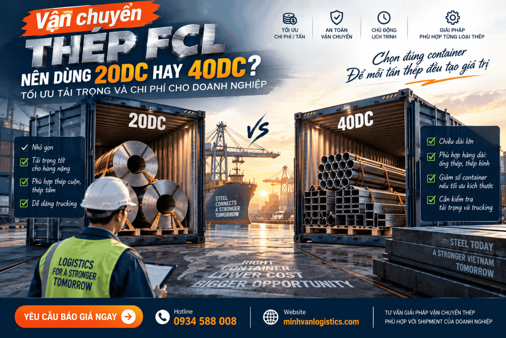 Vận chuyển thép FCL: Nên dùng container 20DC hay 40DC để tối ưu tải trọng và chi phí?