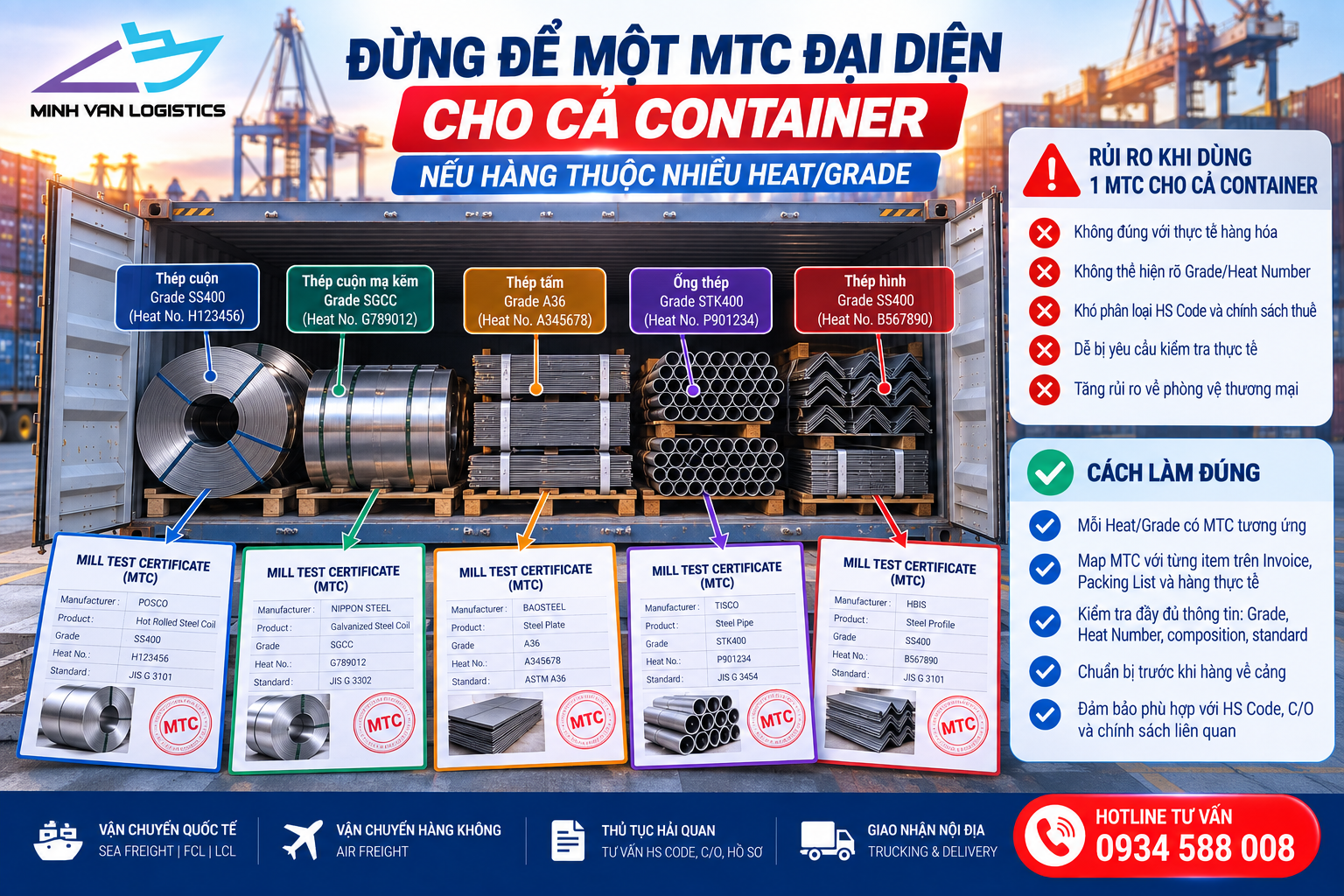 Đừng để một MTC đại diện cho cả container nếu hàng thuộc nhiều Heat/Grade