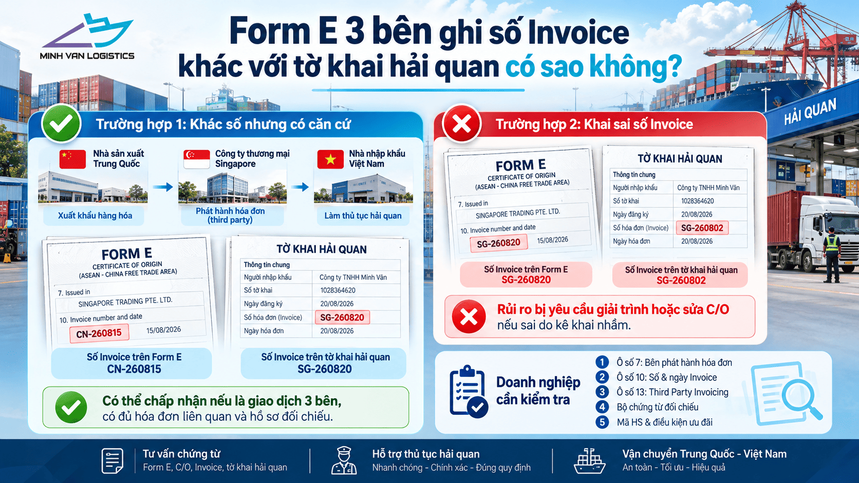 Form E 3 bên ghi số Invoice khác với tờ khai hải quan có sao không?