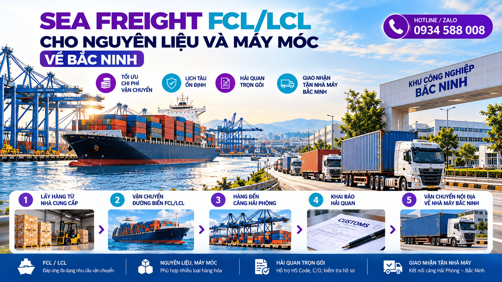 Sea Freight FCL/LCL cho nguyên liệu và máy móc về Bắc Ninh